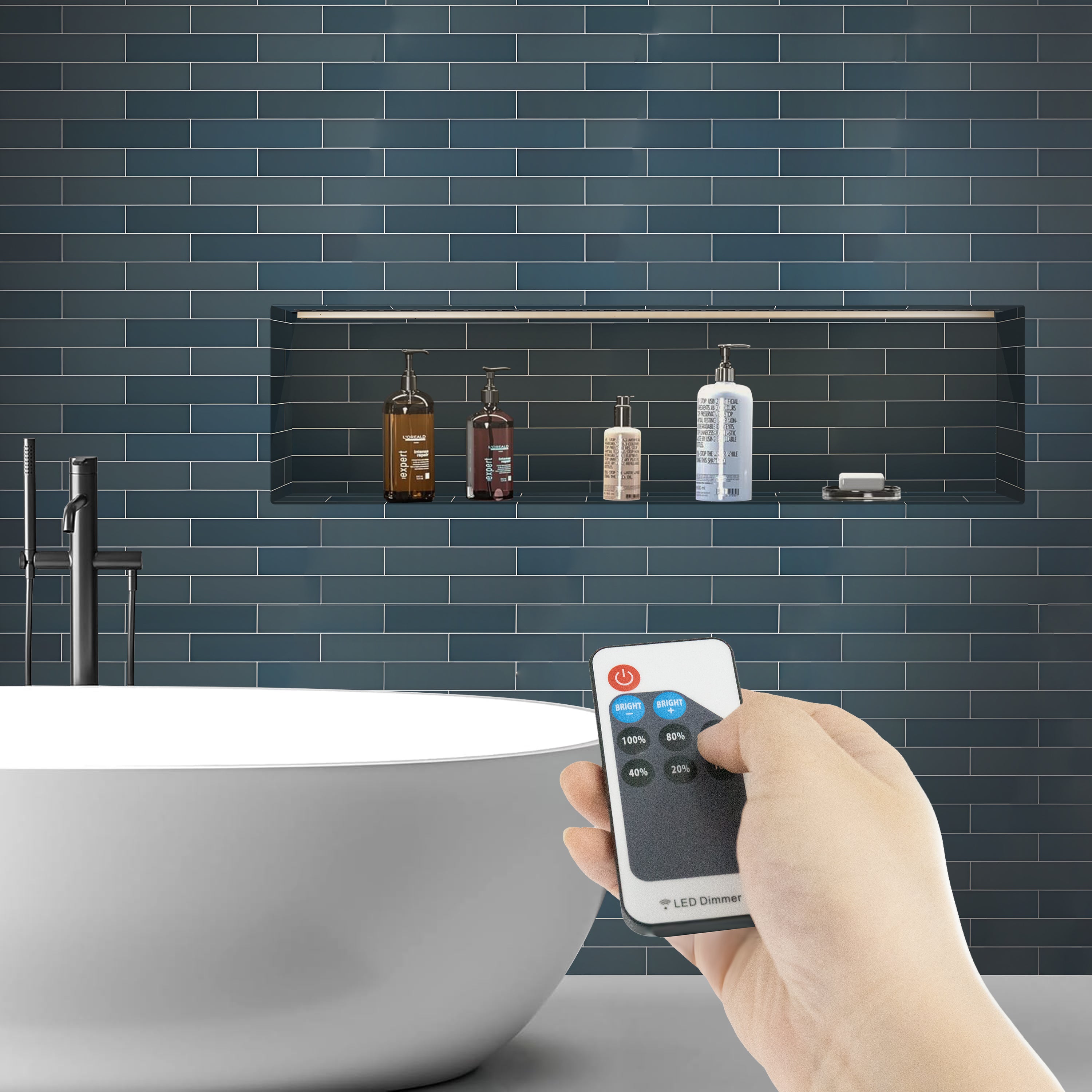 Matte Black LED Shower Niche with Remote Control – ABS Built-in Bathroom Wall Shelf