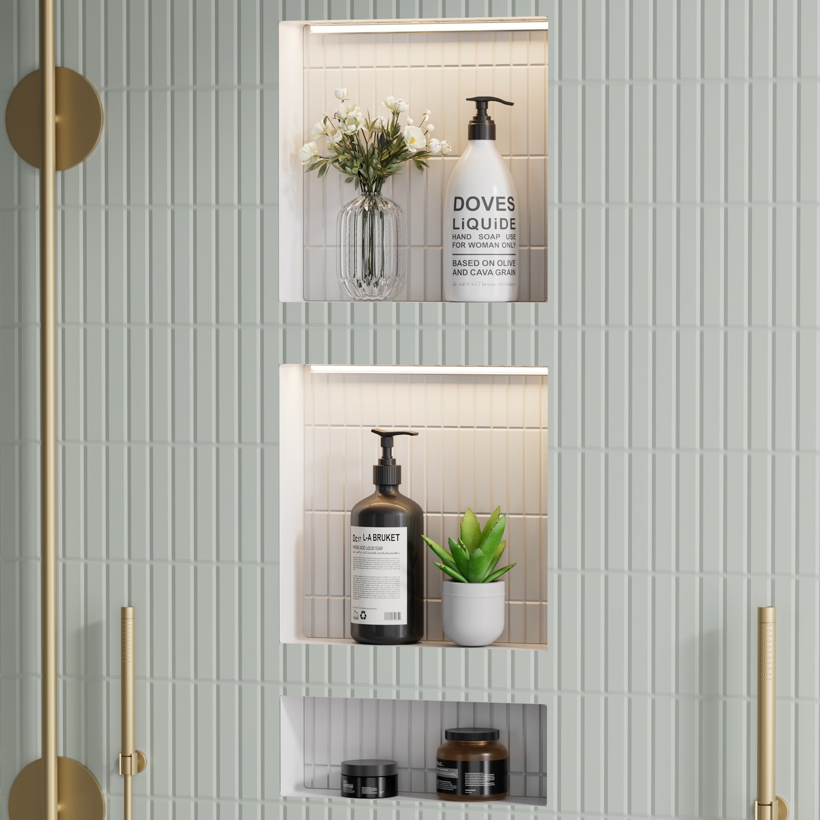 16 x 34 Inch Recessed Shower Niche with LED Lighting, 3-Compartment ABS Waterproof Wall Storage