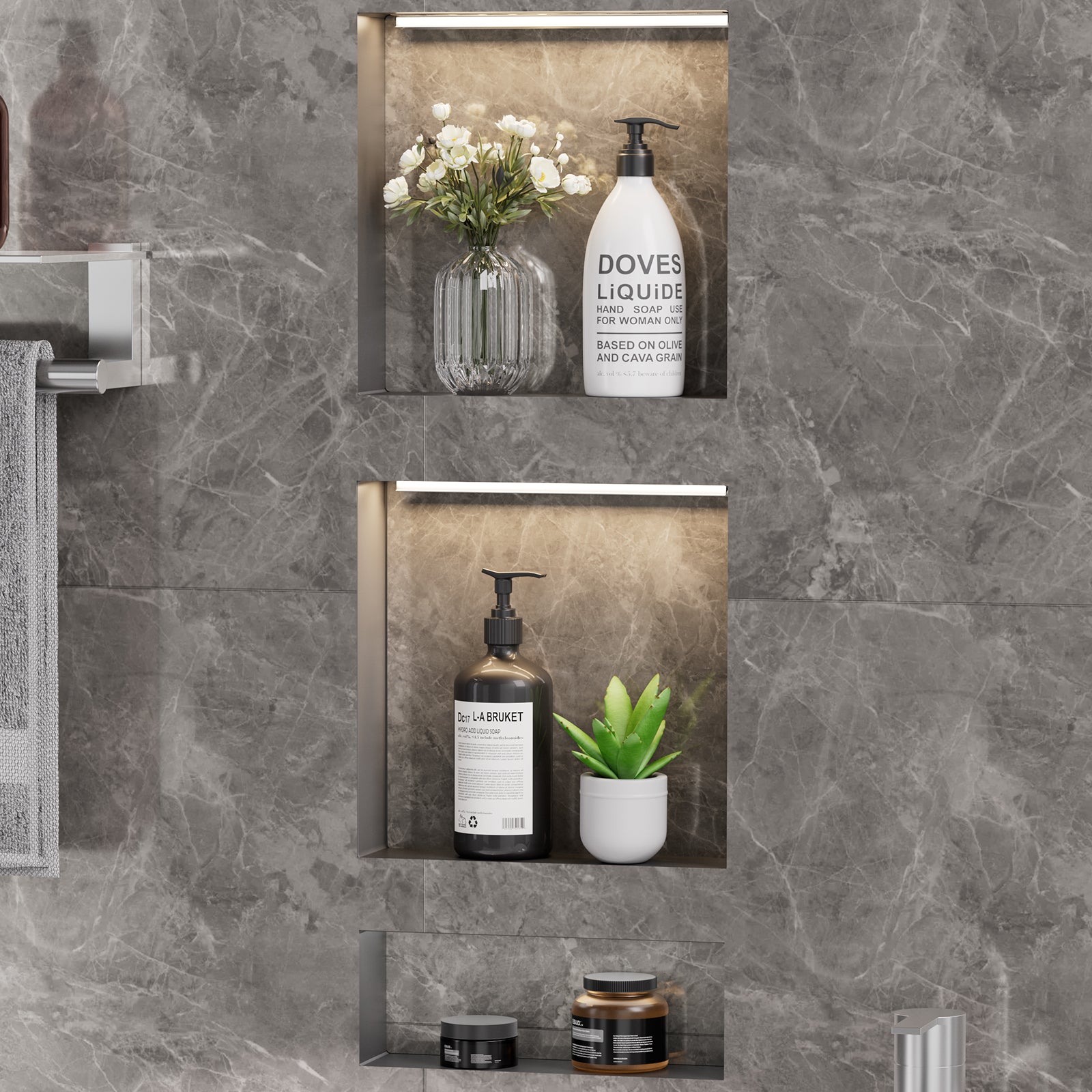 16 x 34 Inch Recessed Shower Niche with LED Lighting, 3-Compartment ABS Waterproof Wall Storage