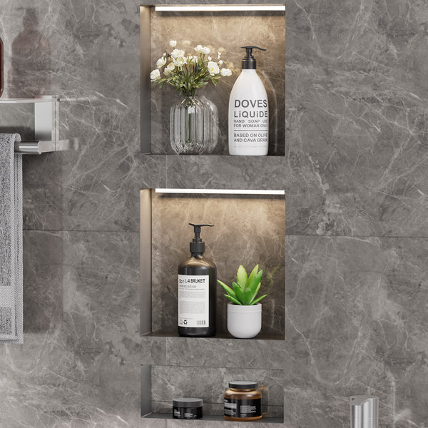 16 x 34 Inch Recessed Shower Niche with LED Lighting, 3-Compartment ABS Waterproof Wall Storage