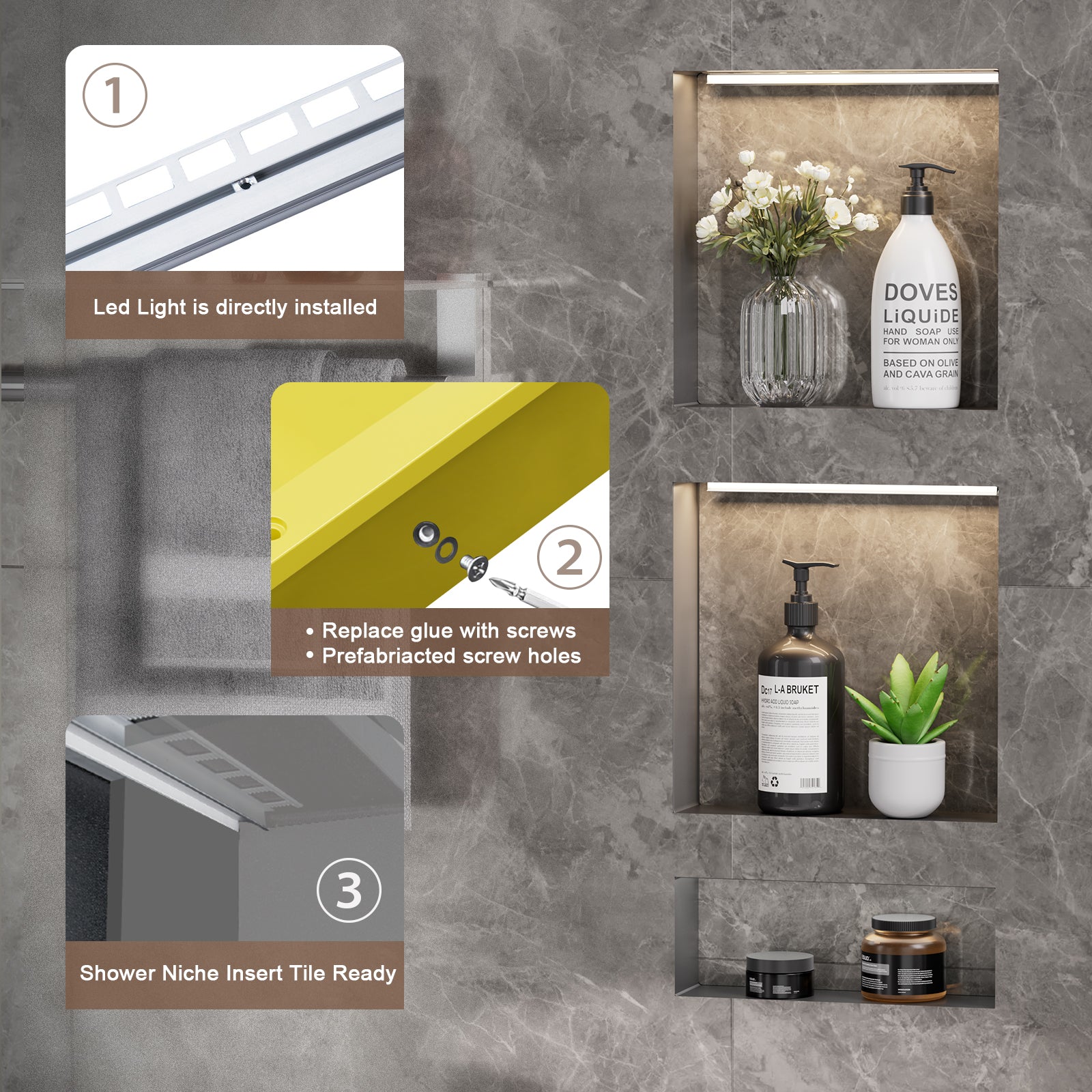 16 x 34 Inch Recessed Shower Niche with LED Lighting, 3-Compartment ABS Waterproof Wall Storage