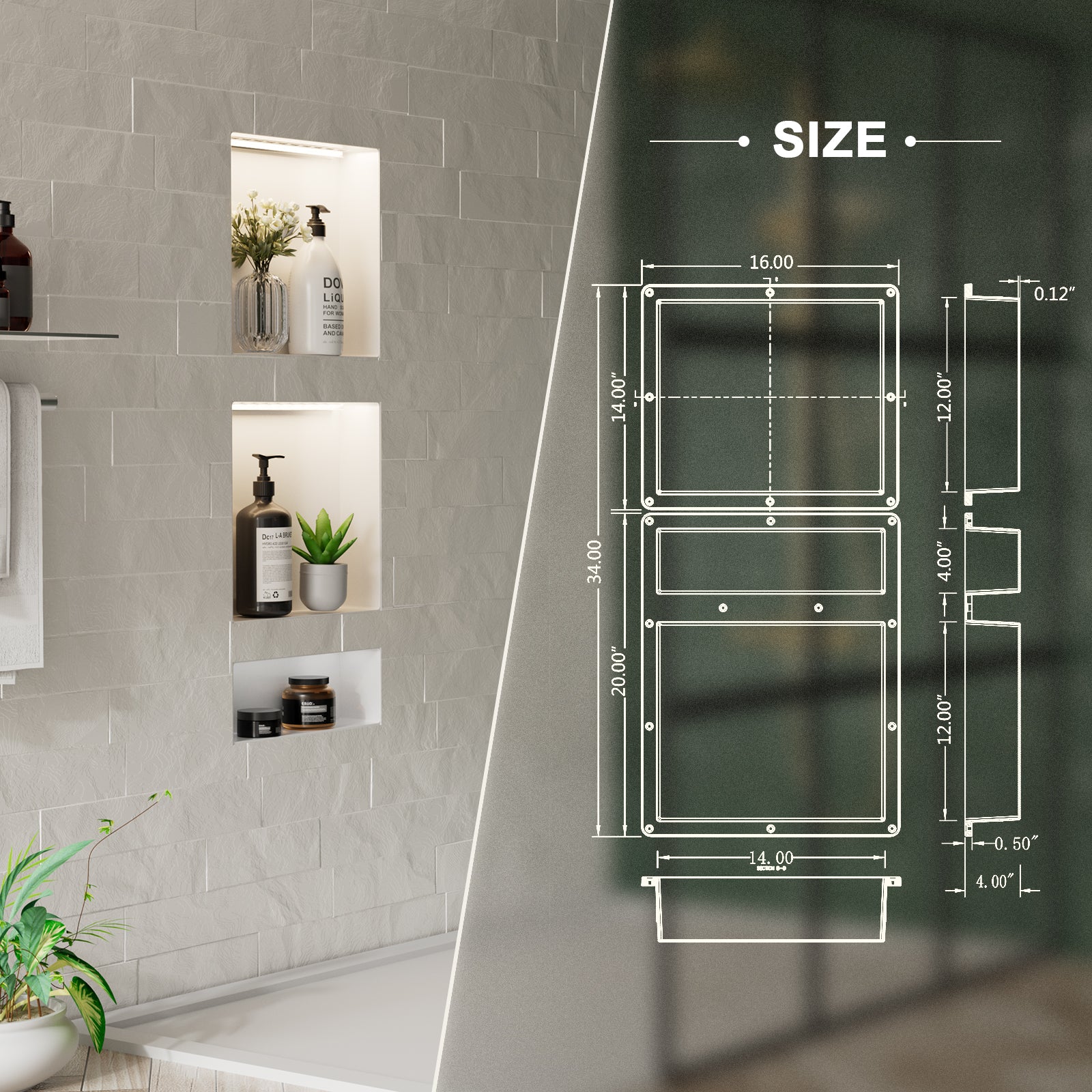 16 x 34 Inch Recessed Shower Niche with LED Lighting, 3-Compartment ABS Waterproof Wall Storage