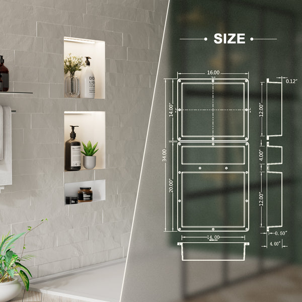 16 x 34 Inch Recessed Shower Niche with LED Lighting, 3-Compartment ABS Waterproof Wall Storage