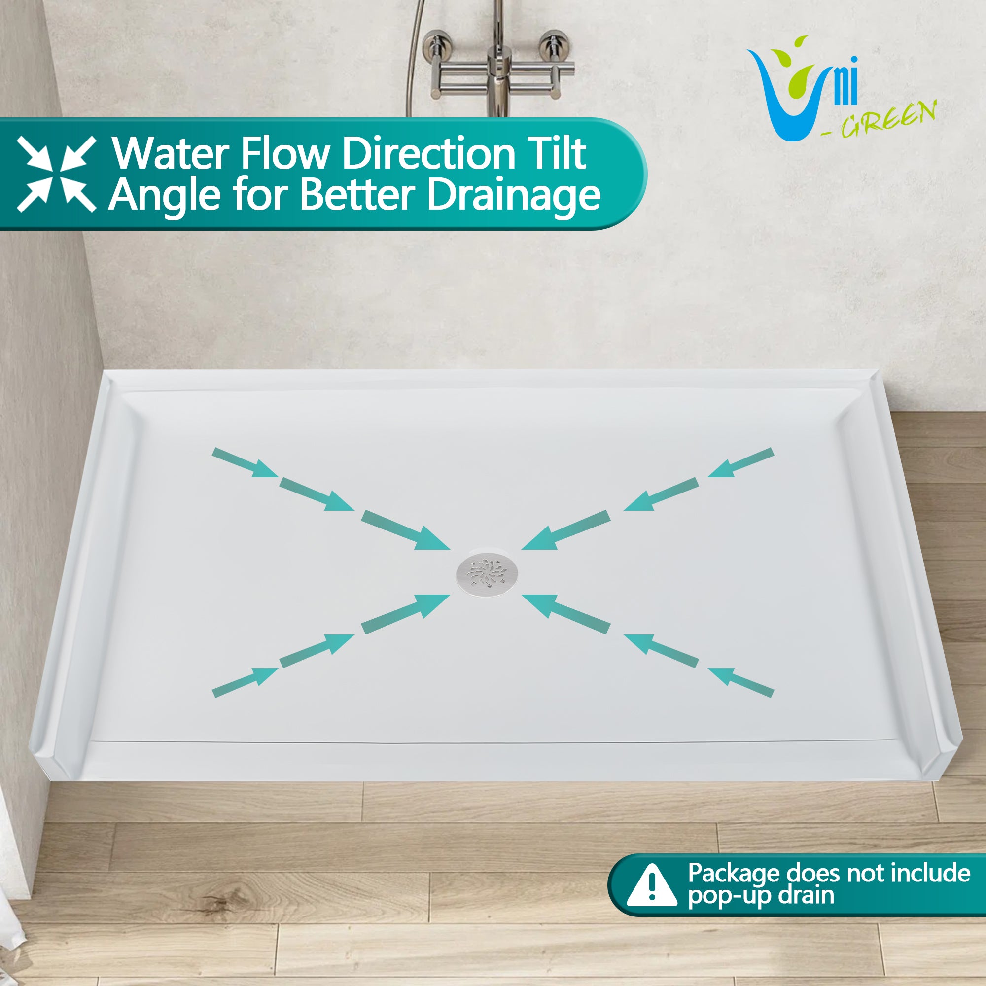 Curbless Acrylic Shower Base 62X36 in | Barrier Free Shower Base with Center Drain in White Color