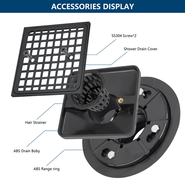 4 Inch Square Matte Black Recessed Shower Drain Kit, Stainless Steel Construction with Waterproof ABS Flange