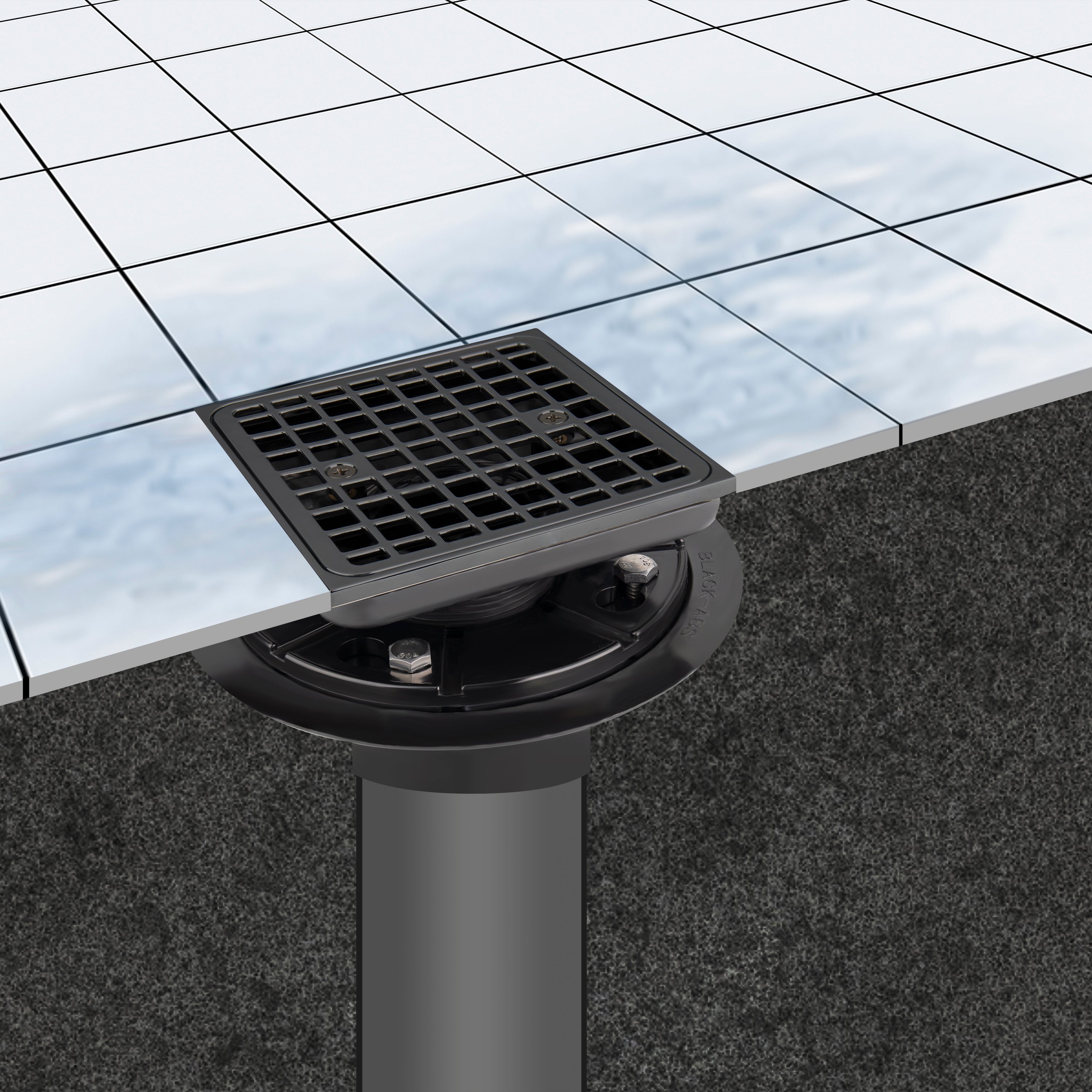 4 Inch Square Matte Black Recessed Shower Drain Kit, Stainless Steel Construction with Waterproof ABS Flange