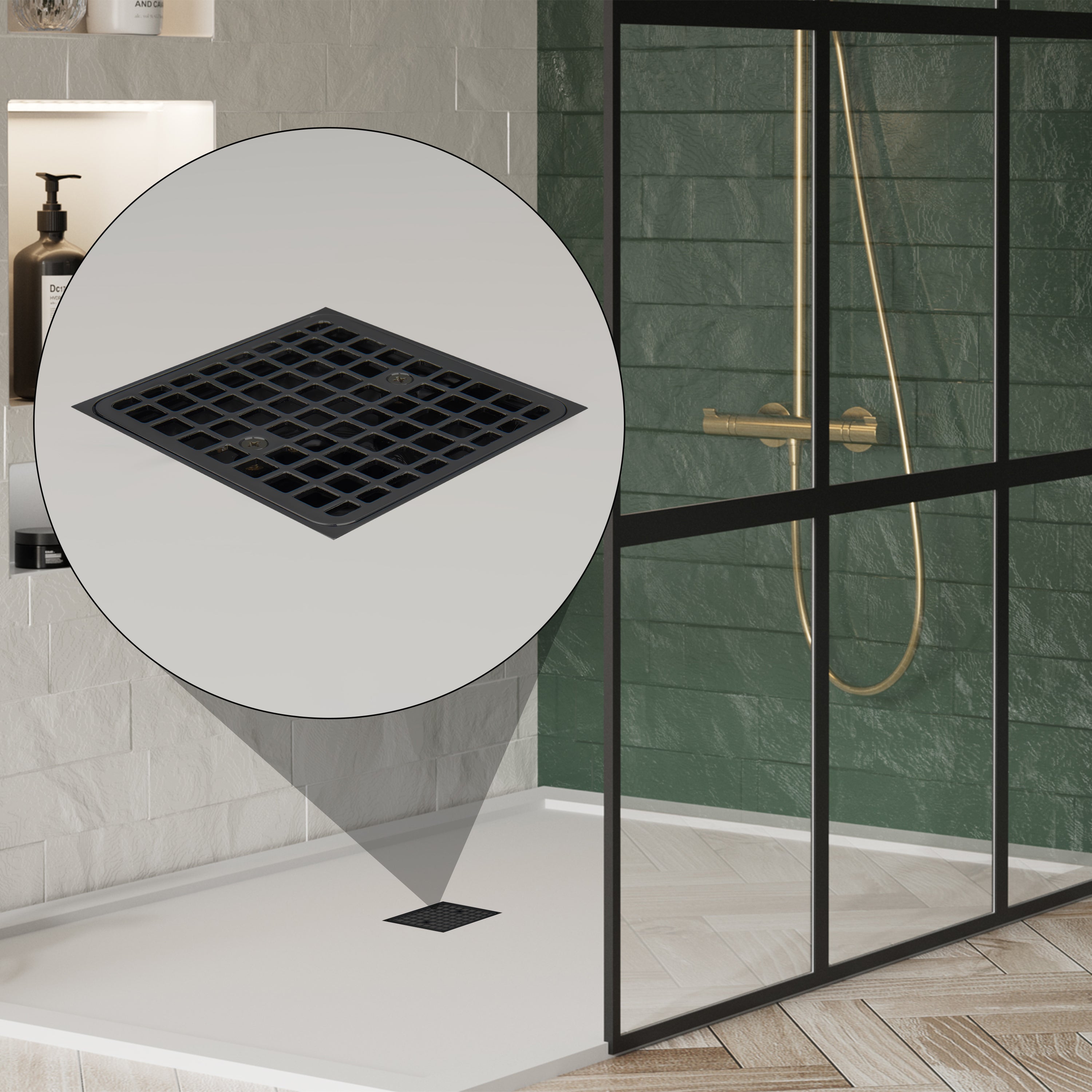 4 Inch Square Matte Black Recessed Shower Drain Kit, Stainless Steel Construction with Waterproof ABS Flange
