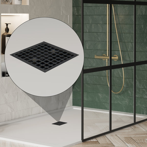 4 Inch Square Matte Black Recessed Shower Drain Kit, Stainless Steel Construction with Waterproof ABS Flange