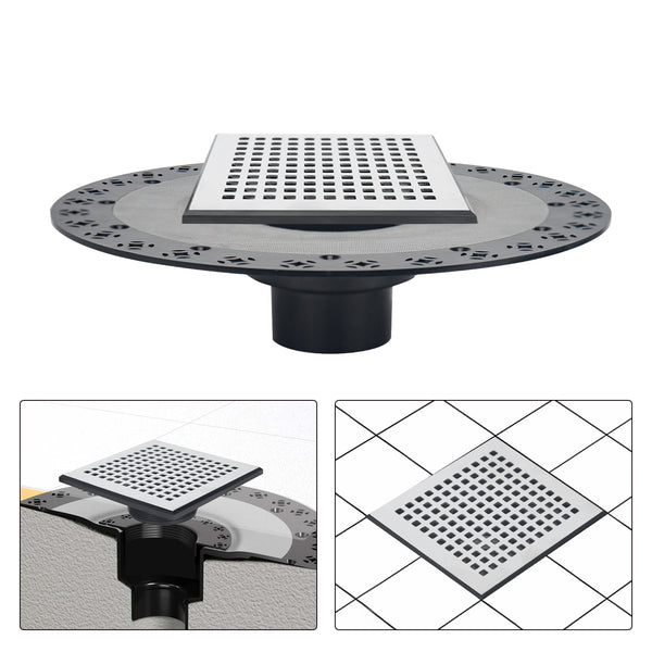 Square Shower Drain Kit 6" Compatible with Schluter Shower Pan with Flange for 2" Pipe