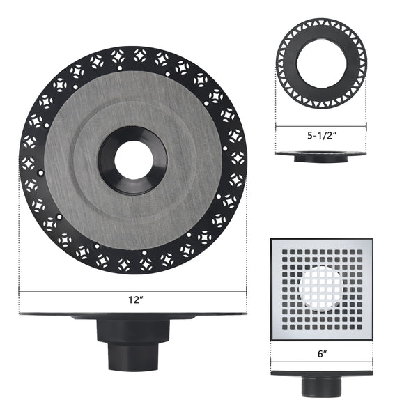Square Shower Drain Kit 6" Compatible with Schluter Shower Pan with Flange for 2" Pipe