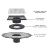 Square Shower Drain Kit 6" Compatible with Schluter Shower Pan with Flange for 2" Pipe