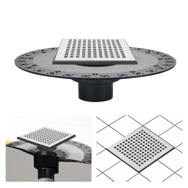 Square Shower Drain Kit 6" Compatible with Schluter Shower Pan with Flange for 2" Pipe