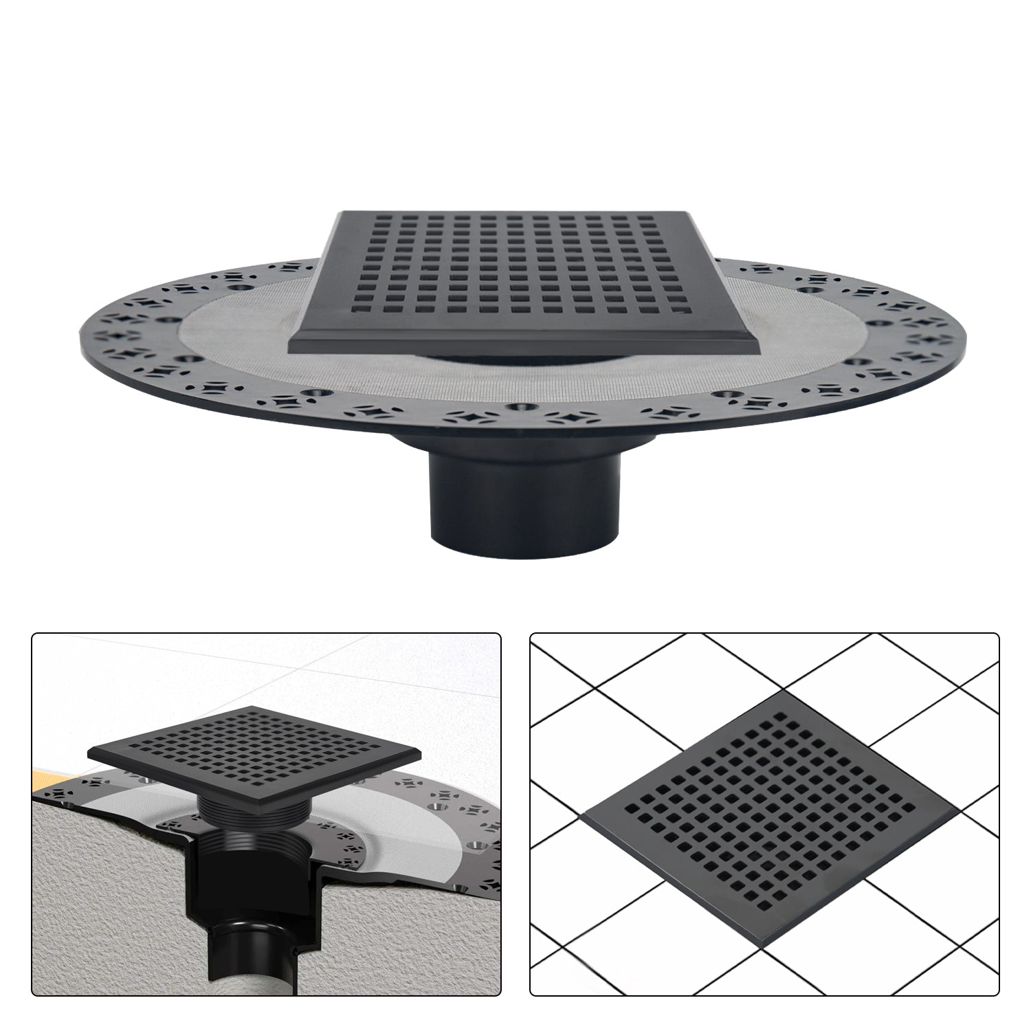 6 Inch Square Matte Black Shower Drain Kit with Flange, Compatible with Schluter Pan and Kit for 2 or 3 Inch Pipe