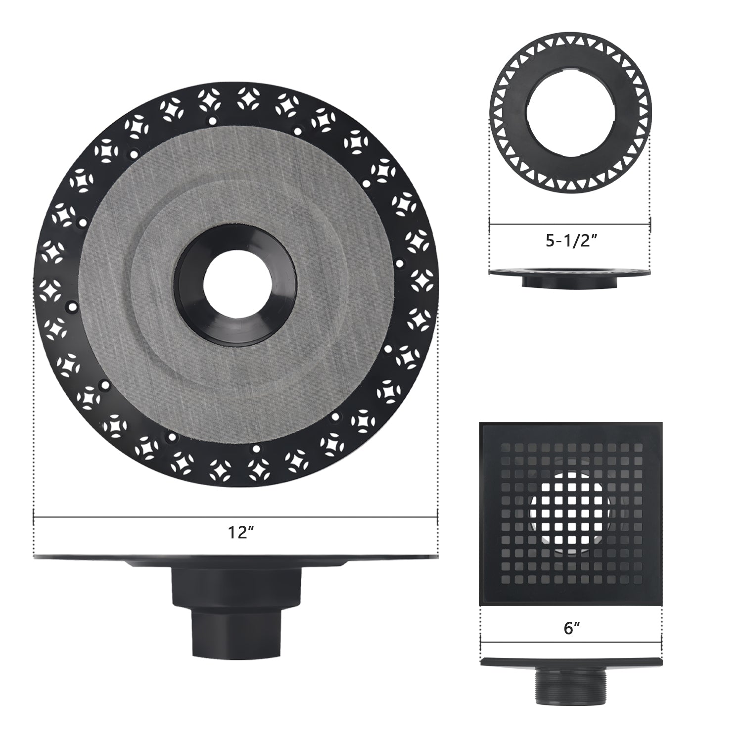 6 Inch Square Matte Black Shower Drain Kit with Flange, Compatible with Schluter Pan and Kit for 2 or 3 Inch Pipe