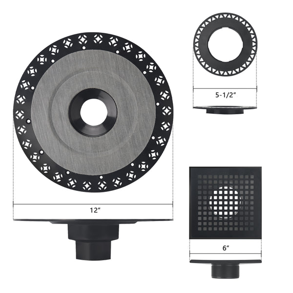 6 Inch Square Matte Black Shower Drain Kit with Flange, Compatible with Schluter Pan and Kit for 2 or 3 Inch Pipe