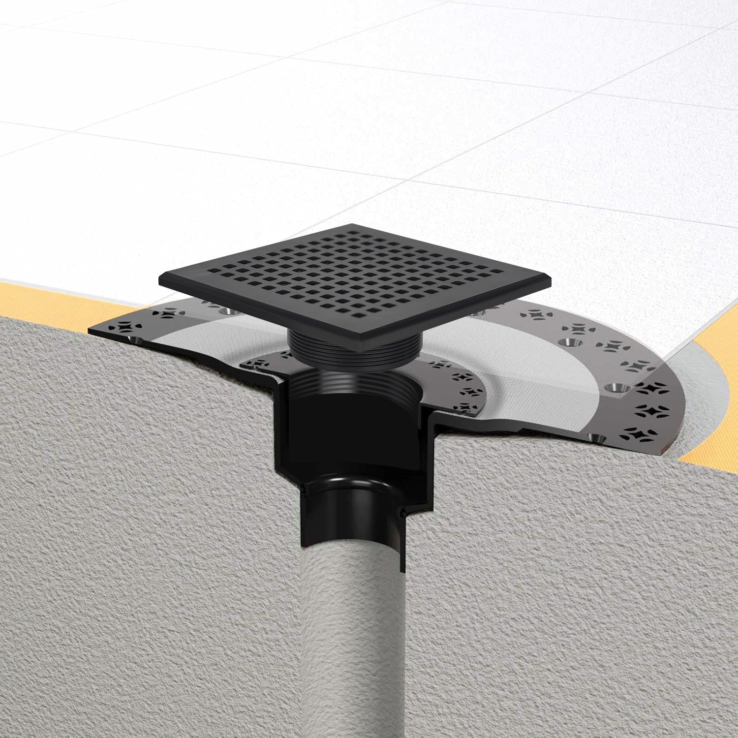6 Inch Square Matte Black Shower Drain Kit with Flange, Compatible with Schluter Pan and Kit for 2 or 3 Inch Pipe