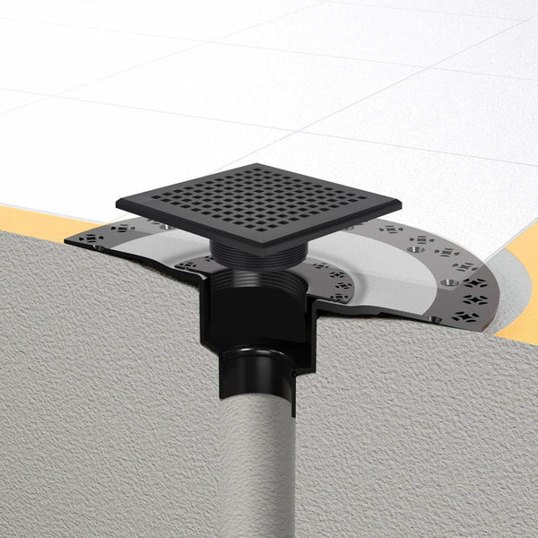 6 Inch Square Matte Black Shower Drain Kit with Flange, Compatible with Schluter Pan and Kit for 2 or 3 Inch Pipe