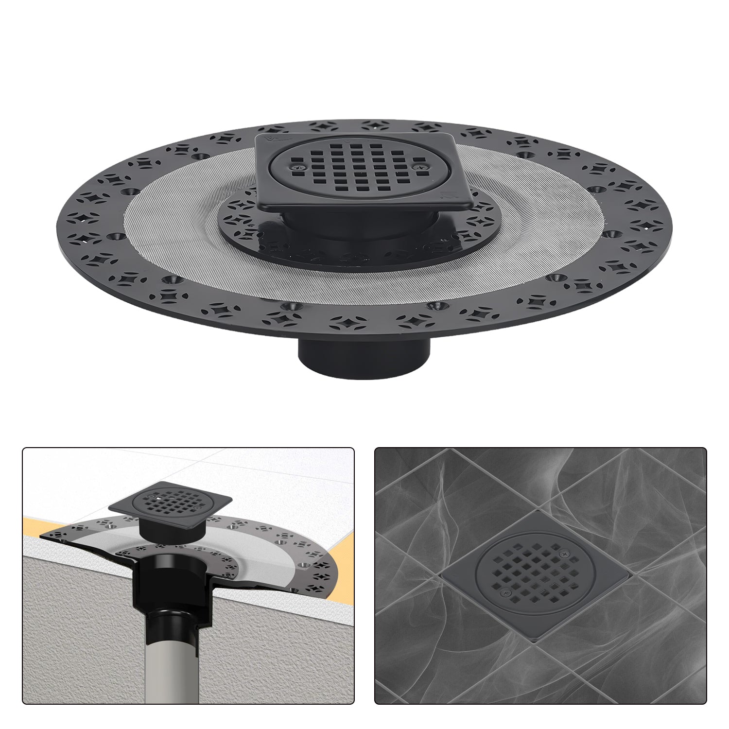 4 Inch Matte Black Shower Drain Kit with ABS Base and Flange, Compatible with Schluter Kerdi Drain and Shower Pan for 2 or 3 Inch Pipe