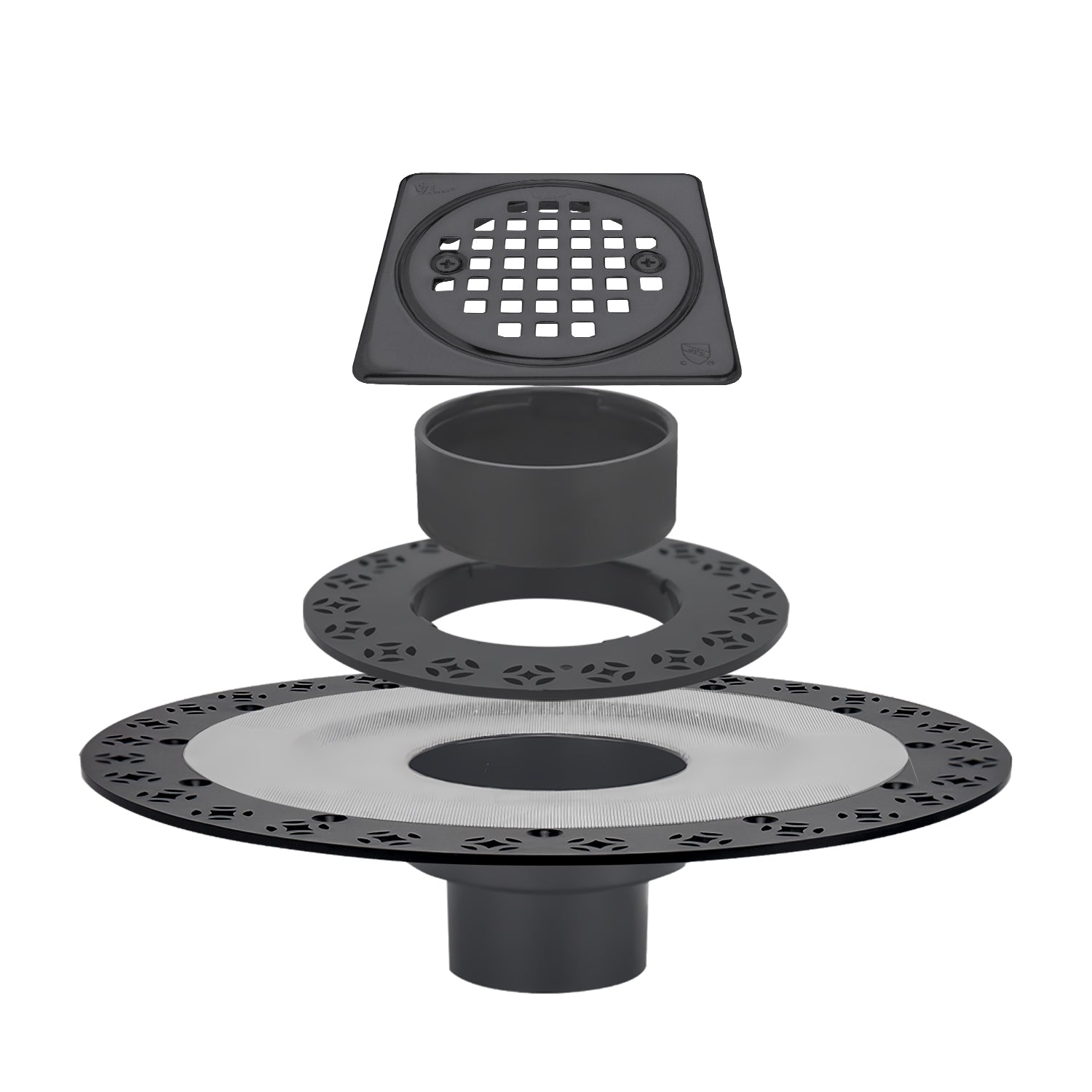 4 Inch Matte Black Shower Drain Kit with ABS Base and Flange, Compatible with Schluter Kerdi Drain and Shower Pan for 2 or 3 Inch Pipe