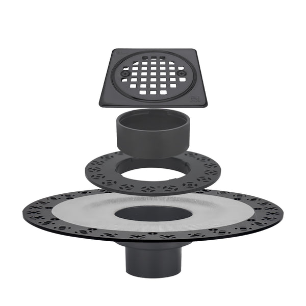 4 Inch Matte Black Shower Drain Kit with ABS Base and Flange, Compatible with Schluter Kerdi Drain and Shower Pan for 2 or 3 Inch Pipe