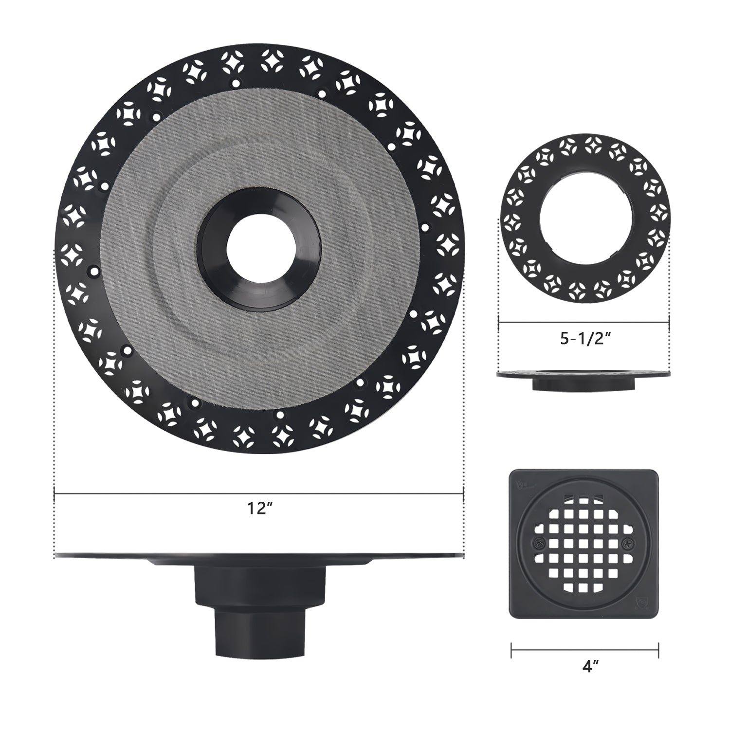 4 Inch Matte Black Shower Drain Kit with ABS Base and Flange, Compatible with Schluter Kerdi Drain and Shower Pan for 2 or 3 Inch Pipe