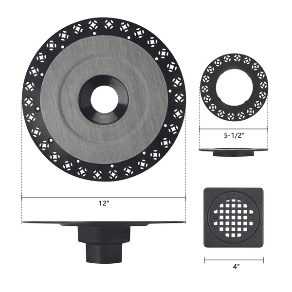 4" Matte Black Stainless Steel Shower Drain Kit, ABS Base and Flange Compatible with Schluter Shower Pan for 2/3 Inch Pipe
