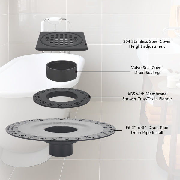 4 Inch Matte Black Shower Drain Kit with ABS Base and Flange, Compatible with Schluter Kerdi Drain and Shower Pan for 2 or 3 Inch Pipe