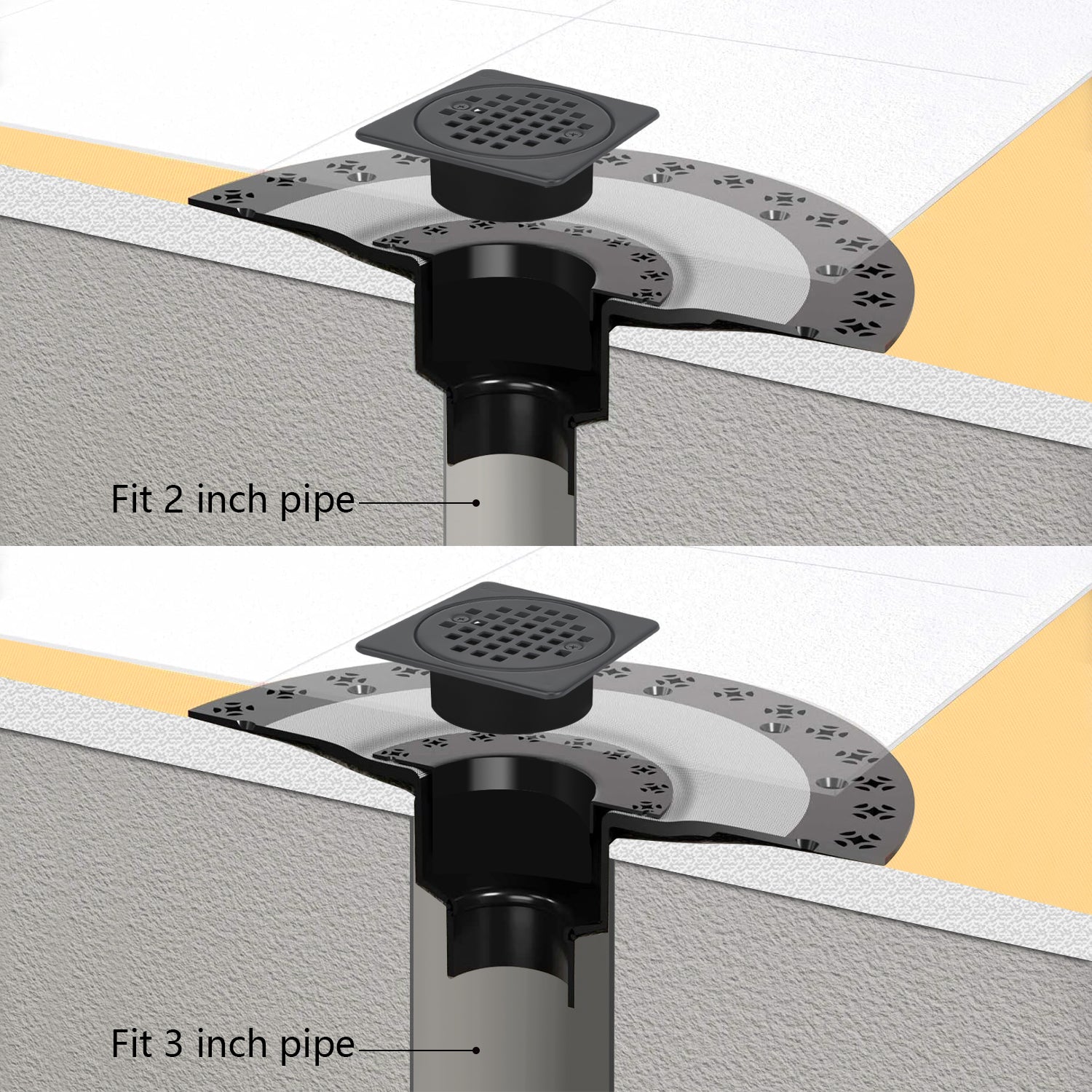 4 Inch Matte Black Shower Drain Kit with ABS Base and Flange, Compatible with Schluter Kerdi Drain and Shower Pan for 2 or 3 Inch Pipe