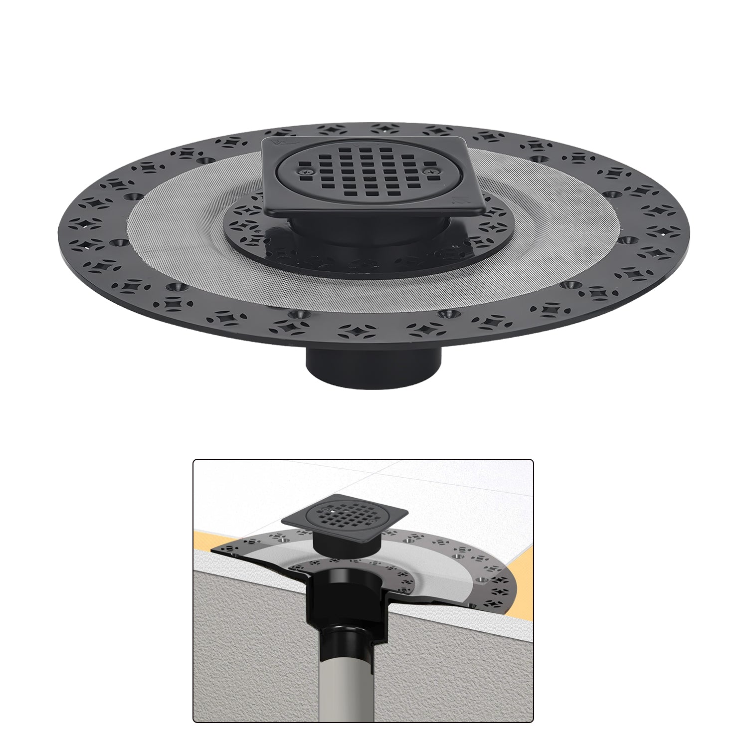 4 Inch Matte Black Shower Drain Kit with ABS Base and Flange, Compatible with Schluter Kerdi Drain and Shower Pan for 2 or 3 Inch Pipe
