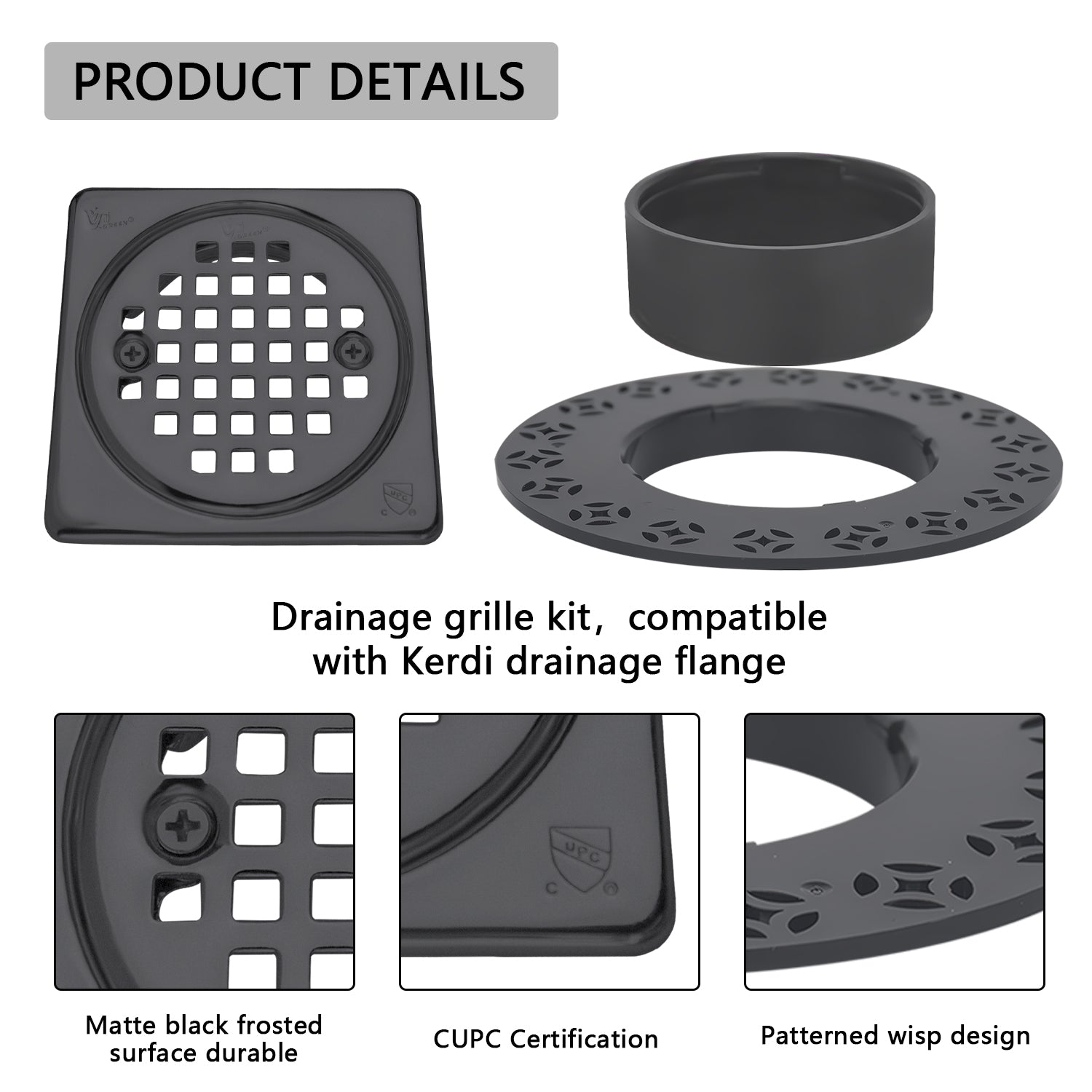 4 Inch Matte Black Shower Drain Kit with ABS Base and Flange, Compatible with Schluter Kerdi Drain and Shower Pan for 2 or 3 Inch Pipe