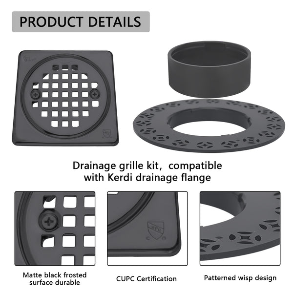 4 Inch Matte Black Shower Drain Kit with ABS Base and Flange, Compatible with Schluter Kerdi Drain and Shower Pan for 2 or 3 Inch Pipe