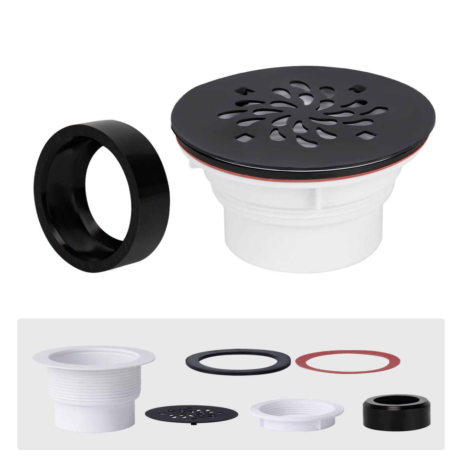 Matte Black 4-1/4 Inch Round Shower Base Drain – Solvent Welded to Fit 1.5