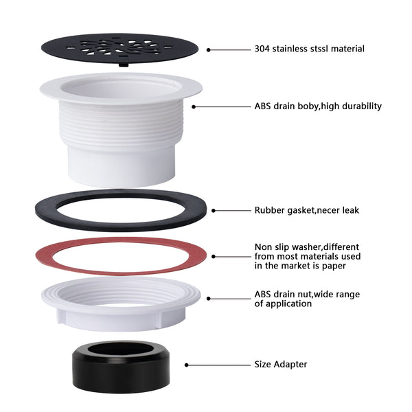 Matte Black 4-1/4 Inch Round Shower Base Drain – Solvent Welded to Fit 1.5" or 2" Pipe