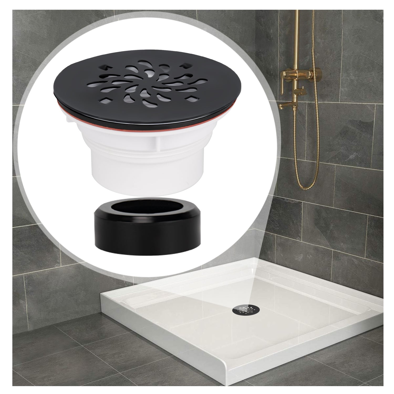 Matte Black 4-1/4 Inch Round Shower Base Drain – Solvent Welded to Fit 1.5