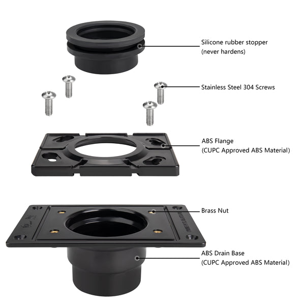 Uni-Green Square ABS Shower Drain Base – Snap-In Rubber Seal for 2" Pipes – UPC Certified
