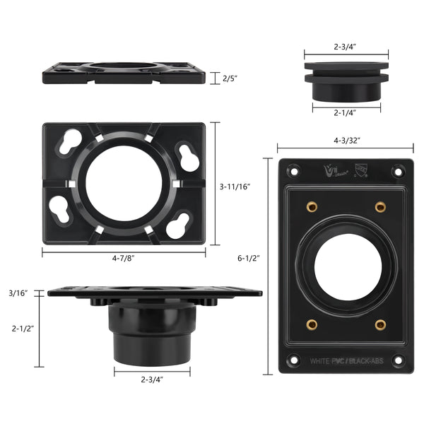 Uni-Green Square ABS Shower Drain Base – Snap-In Rubber Seal for 2" Pipes – UPC Certified