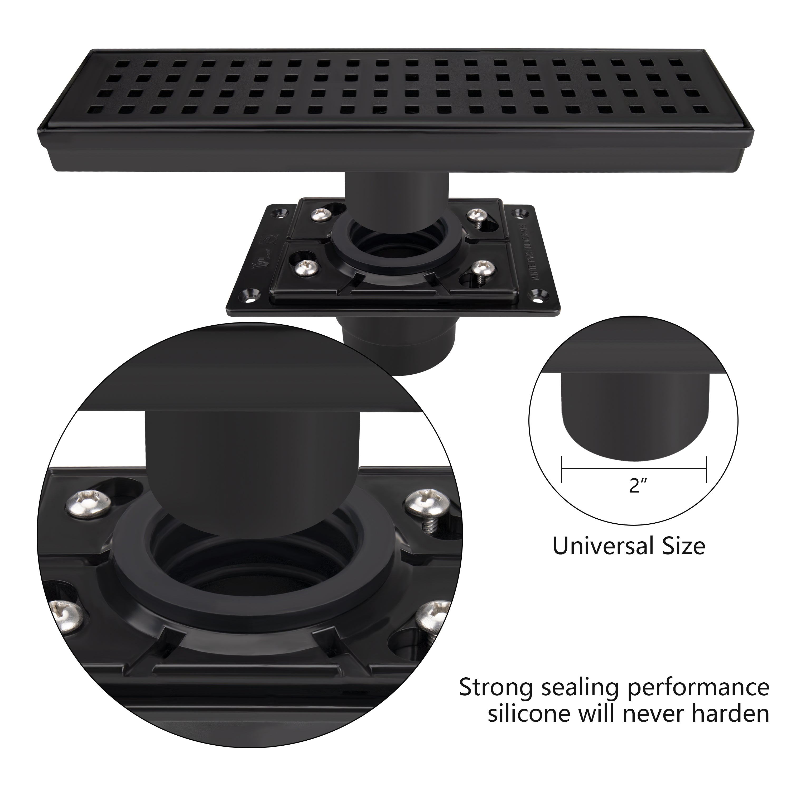 Uni-Green Square ABS Shower Drain Base – Snap-In Rubber Seal for 2
