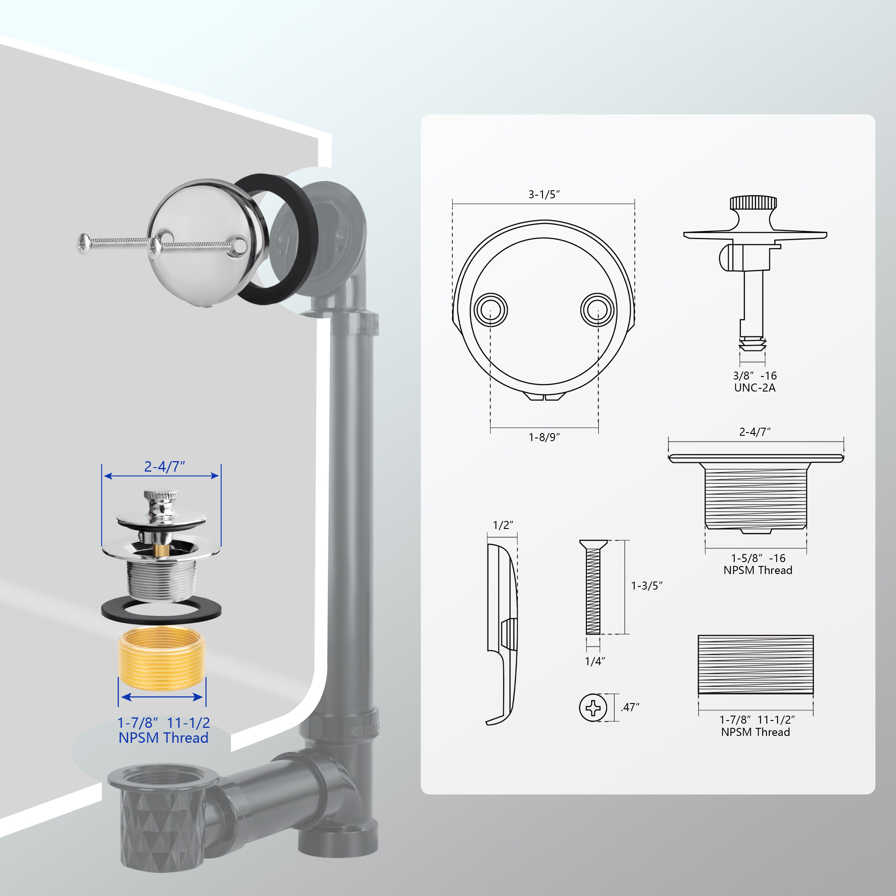 Bathtub drain Conversation Kit Assembly, Tub Drain Kit Lift and Turn, All Brass Construction
