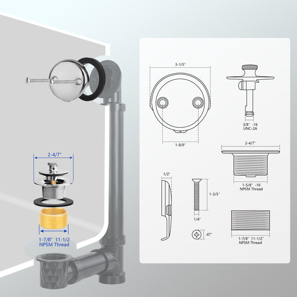 Bathtub drain Conversation Kit Assembly, Tub Drain Kit Lift and Turn, All Brass Construction