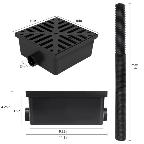 Uni-Green 10x10 in No Dig Low Profile Black Catch Basin with 2" Flexible Pipe Kit Extends to 6ft – Upgraded Rainwater Diverter for Gutter Downspout Extensions and 2-Open Pipe