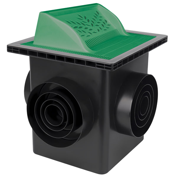 4 Outlet Catch Basin Kit 12" x 12" – with Debris Basket and Downspout Grate, Fits 2", 3", 4" & 6" Pipes – For Lawns, Landscaped Areas