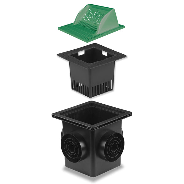 4 Outlet Catch Basin Kit 12" x 12" – with Debris Basket and Downspout Grate, Fits 2", 3", 4" & 6" Pipes – For Lawns, Landscaped Areas
