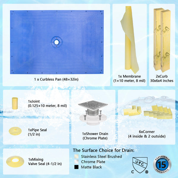 48X32" ABS Material Curbless Ready to Tile Shower Pan Kit with Center Drain for Bathroom