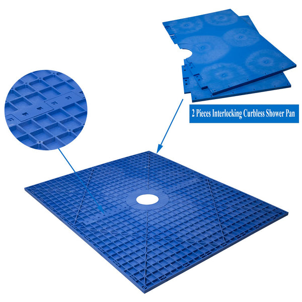2 pcs Interlocking Curbless Shower Pan 60" x 48" Ready to Tile and Cut-to-Fit