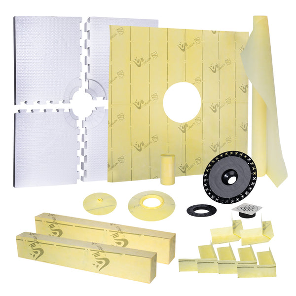 48"x48" EPS Shower Pan Kit with Center Drain – Waterproof Shower Base with Curb, Quick-Lock Assembly, 3 Drain Finishes