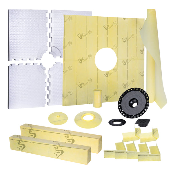 48"x48" EPS Shower Pan Kit with Center Drain – Waterproof Shower Base with Curb, Quick-Lock Assembly, 3 Drain Finishes