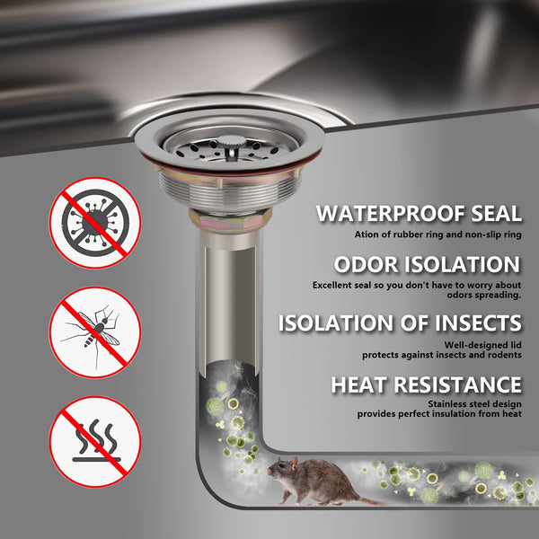 3-in-1 Stainless Steel Brushed 3-1/2 in Kitchen Sink Drain with Rustproof Strainer as Stopper
