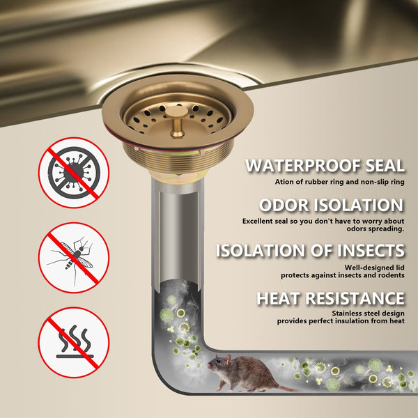 Uni-Green Champagne Bronze 3-1/2 inch Stainless Steel Kitchen Sink Drain with Delta Match and 3-in-1 Strainer Stopper