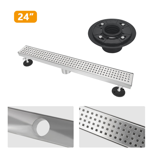 24 Inch Linear Shower Floor Drain and Drain Base with Rubber Gasket