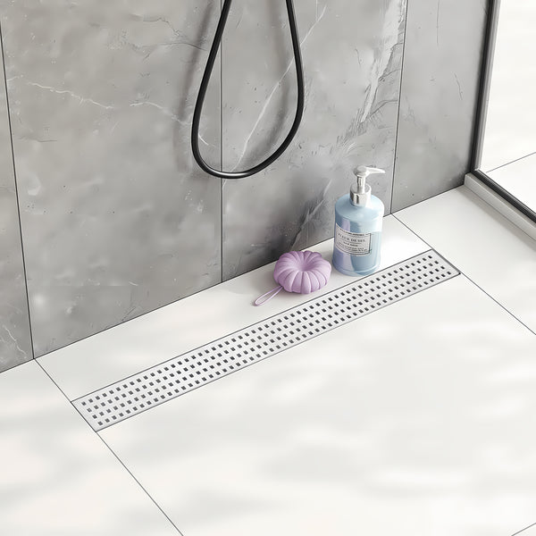 24 Inch Linear Shower Floor Drain and Drain Base with Rubber Gasket